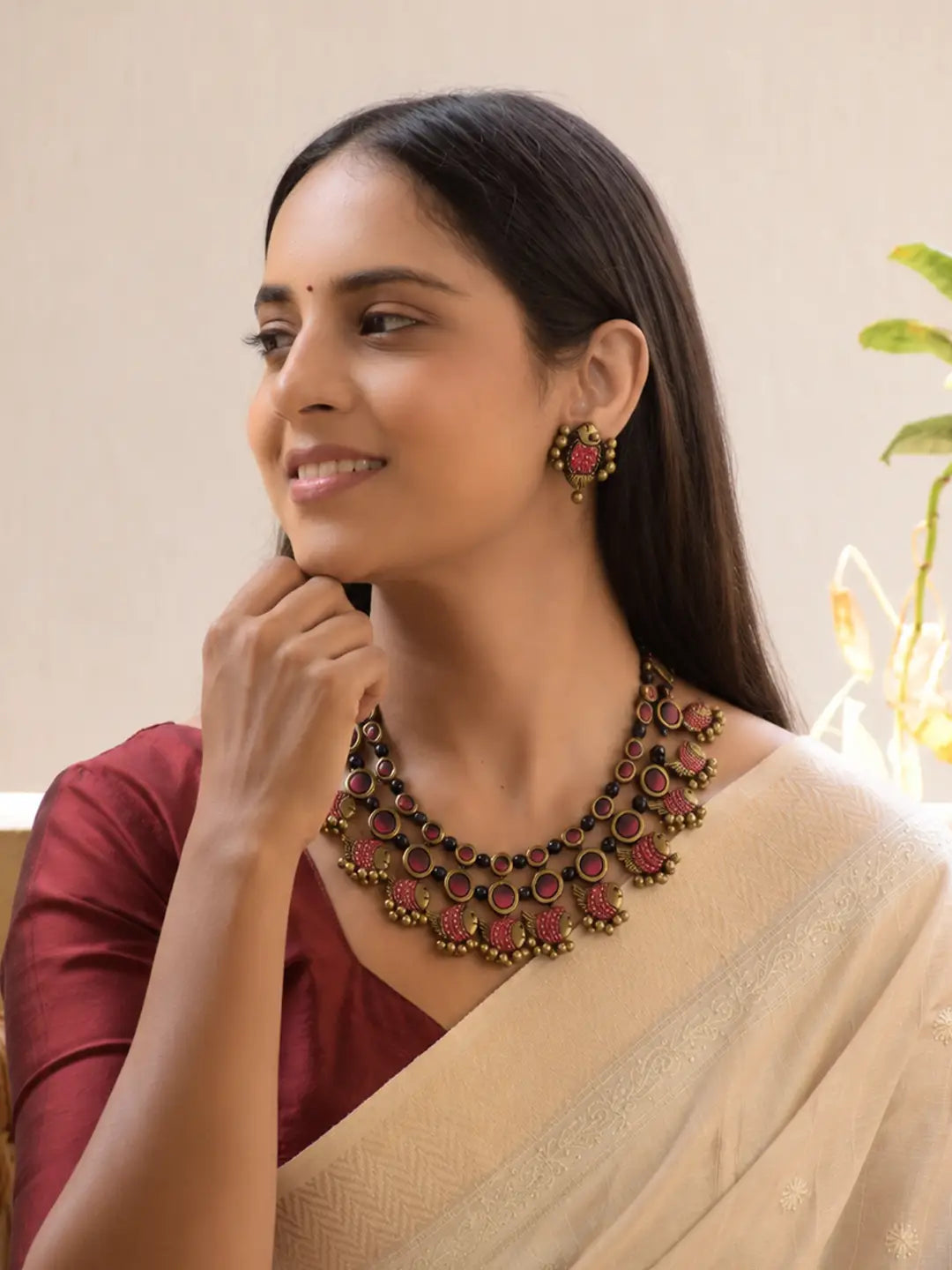Designer Handmade Terracotta Meenakari Three Layered Fish Design Choker Necklace Set