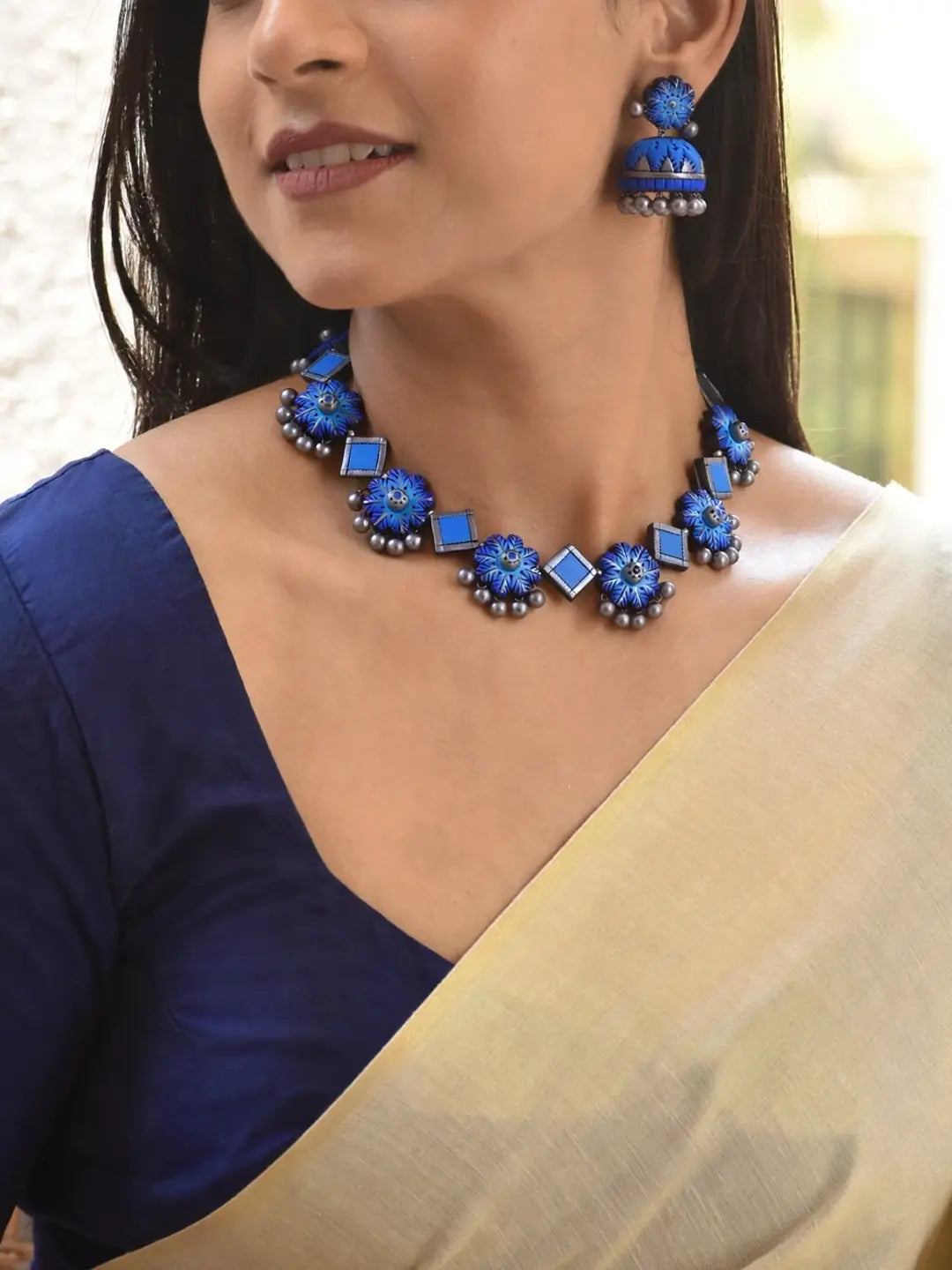 Flower Design Hand Painted Terracotta Jewellery Set