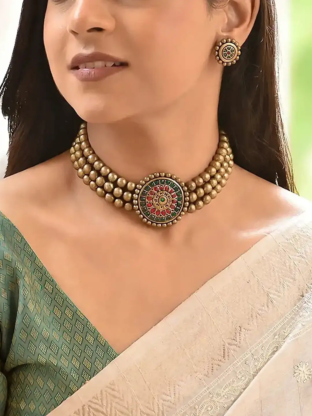 Triloka Pushpa — Designer Handmade Three Layered Circular Shape Floral Design Pendant Antique Gold Color Choker Handmade Terracotta Necklace Set