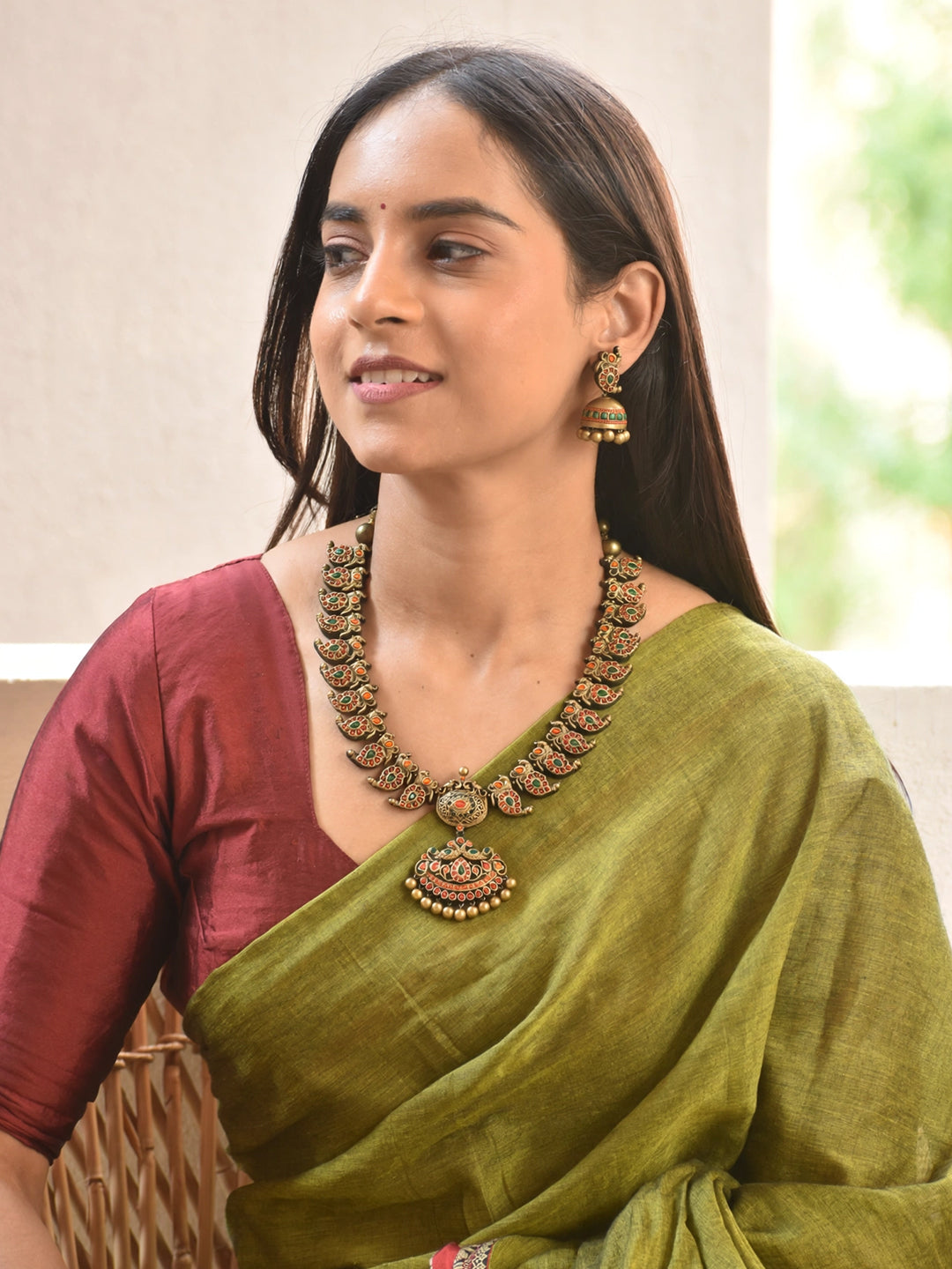 Mayuramra — Antique Gold Toned Peacock Design Pendant Red And Green Color With Mango Design Motifs Choker Handmade Terracotta Necklace Set