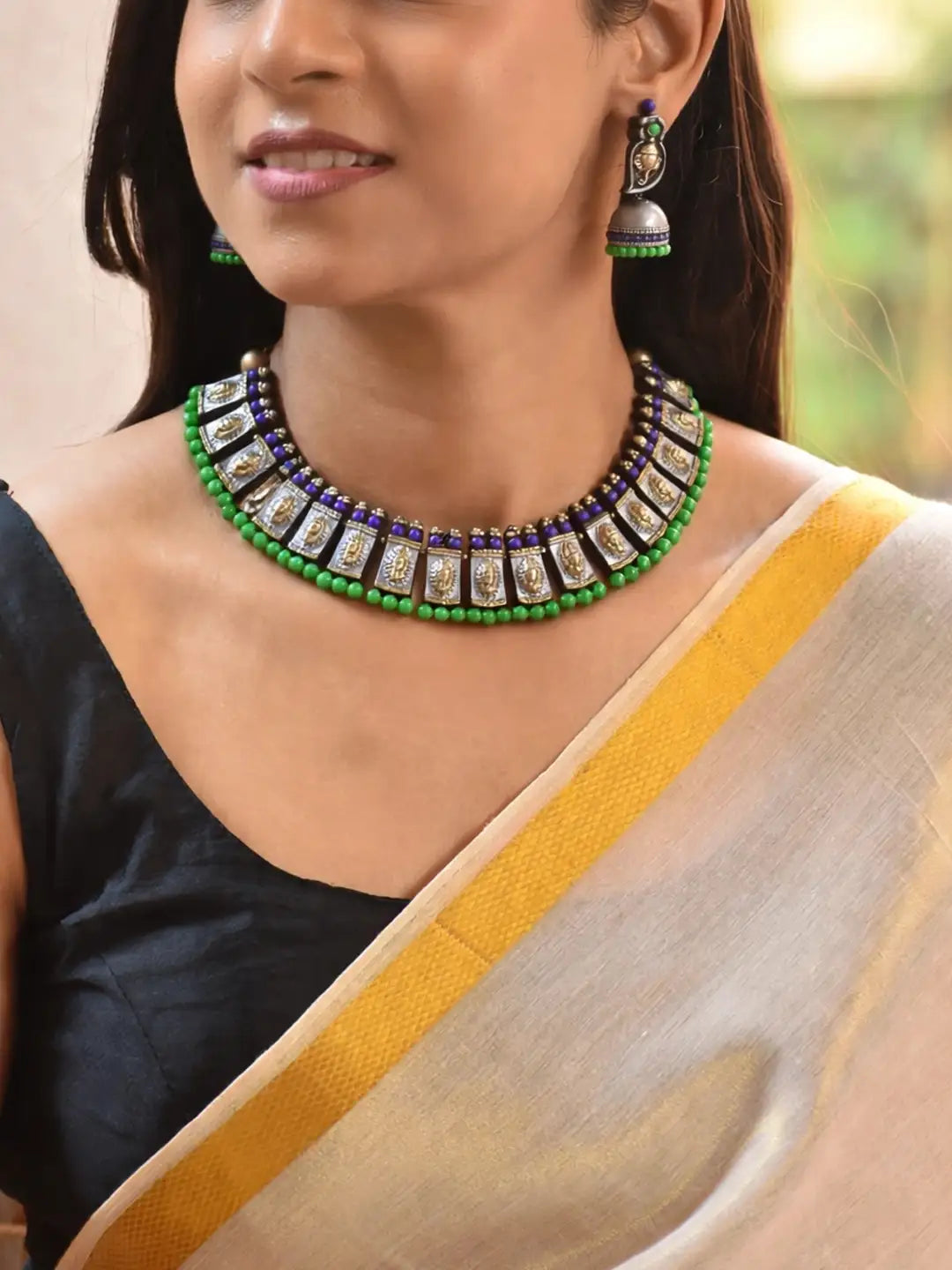 Antique Silver And Gold Toned Ganesha Design Motifs Green And Blue Color Choker Handmade Terracotta Necklace Set