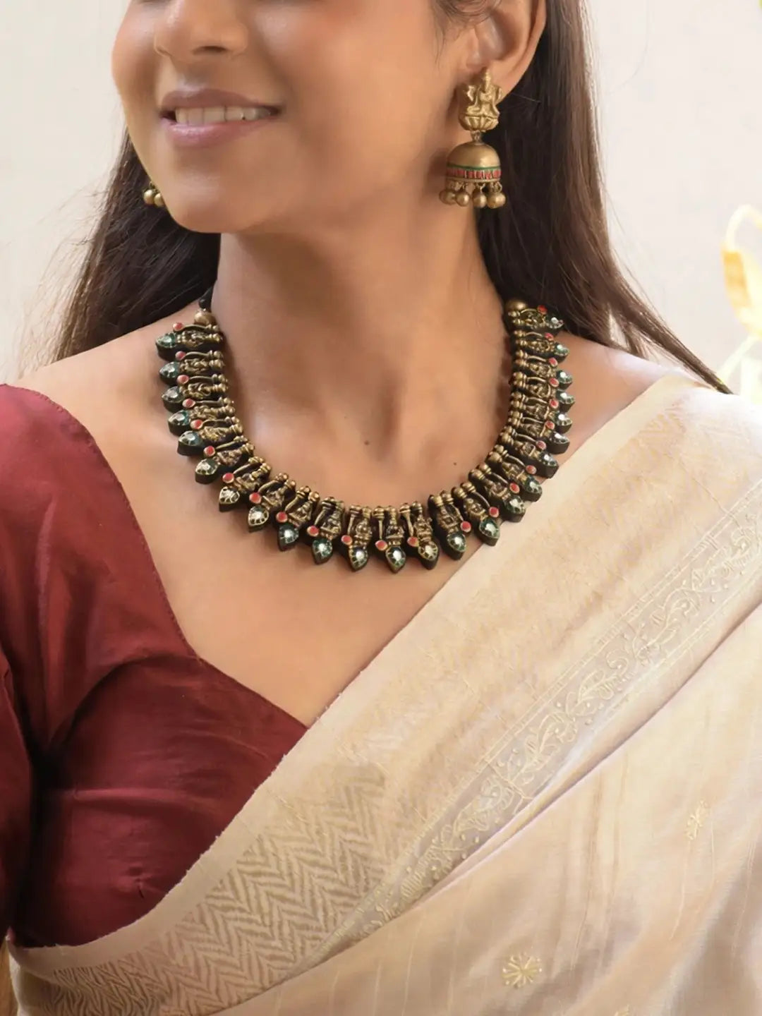 Antique Gold Toned Lakshmi Design And Leaf Design Gold And Green Color Choker Handmade Terracotta Necklace Set