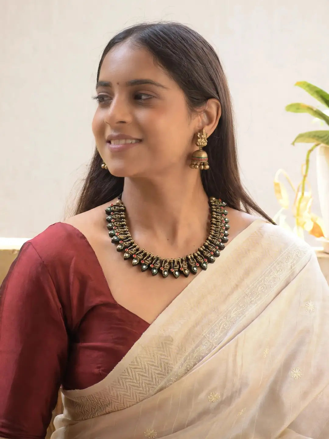 Antique Gold Toned Lakshmi Design And Leaf Design Gold And Green Color Choker Handmade Terracotta Necklace Set