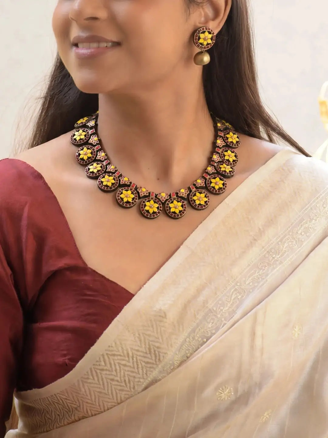Antique Gold Toned Circular Shape Floral Design Yellow And Red Color Choker Handmade Terracotta Necklace Set