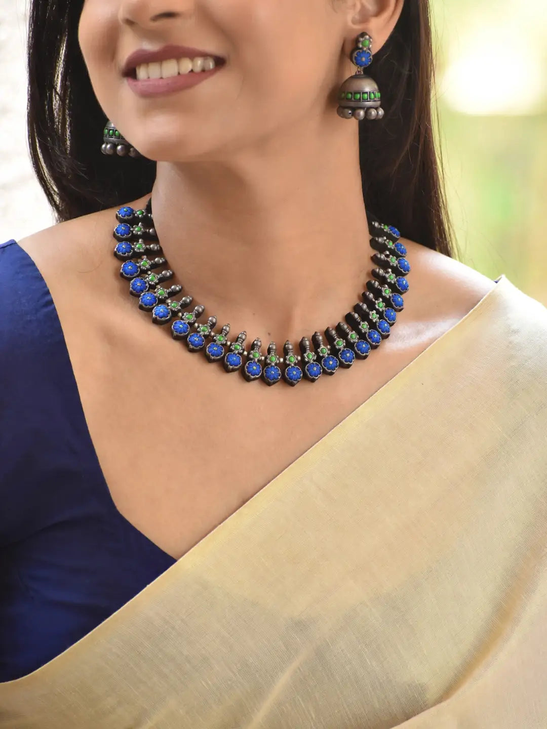 Antique Silver Toned Floral Design Blue Color Choker Handmade Terracotta Necklace Set