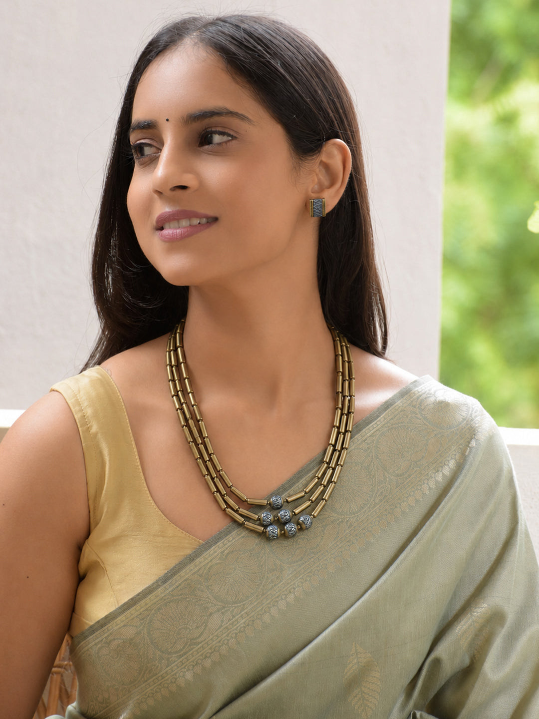 Tribhujika — Antique Gold Toned Three Layered Cylindrical Tubes Long Handmade Terracotta Necklace Set