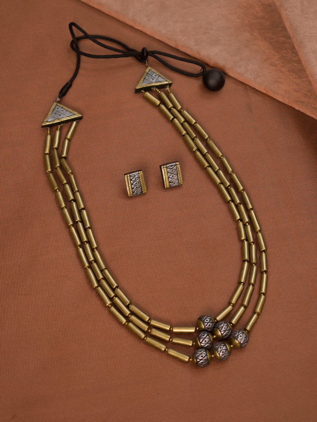 Tribhujika — Antique Gold Toned Three Layered Cylindrical Tubes Long Handmade Terracotta Necklace Set