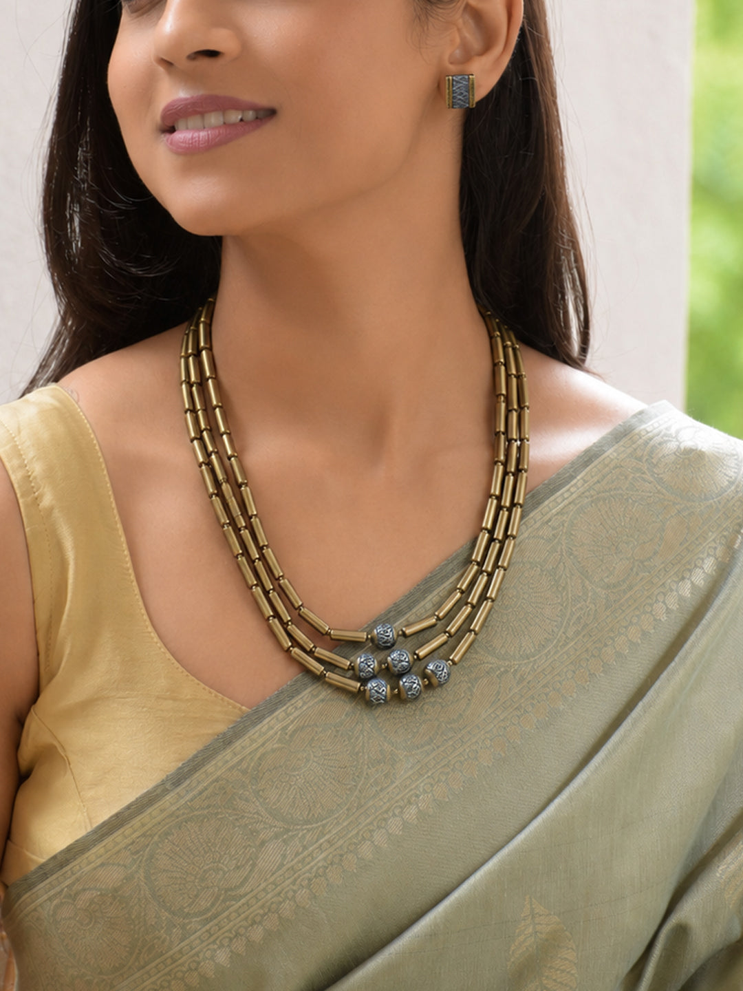 Tribhujika — Antique Gold Toned Three Layered Cylindrical Tubes Long Handmade Terracotta Necklace Set