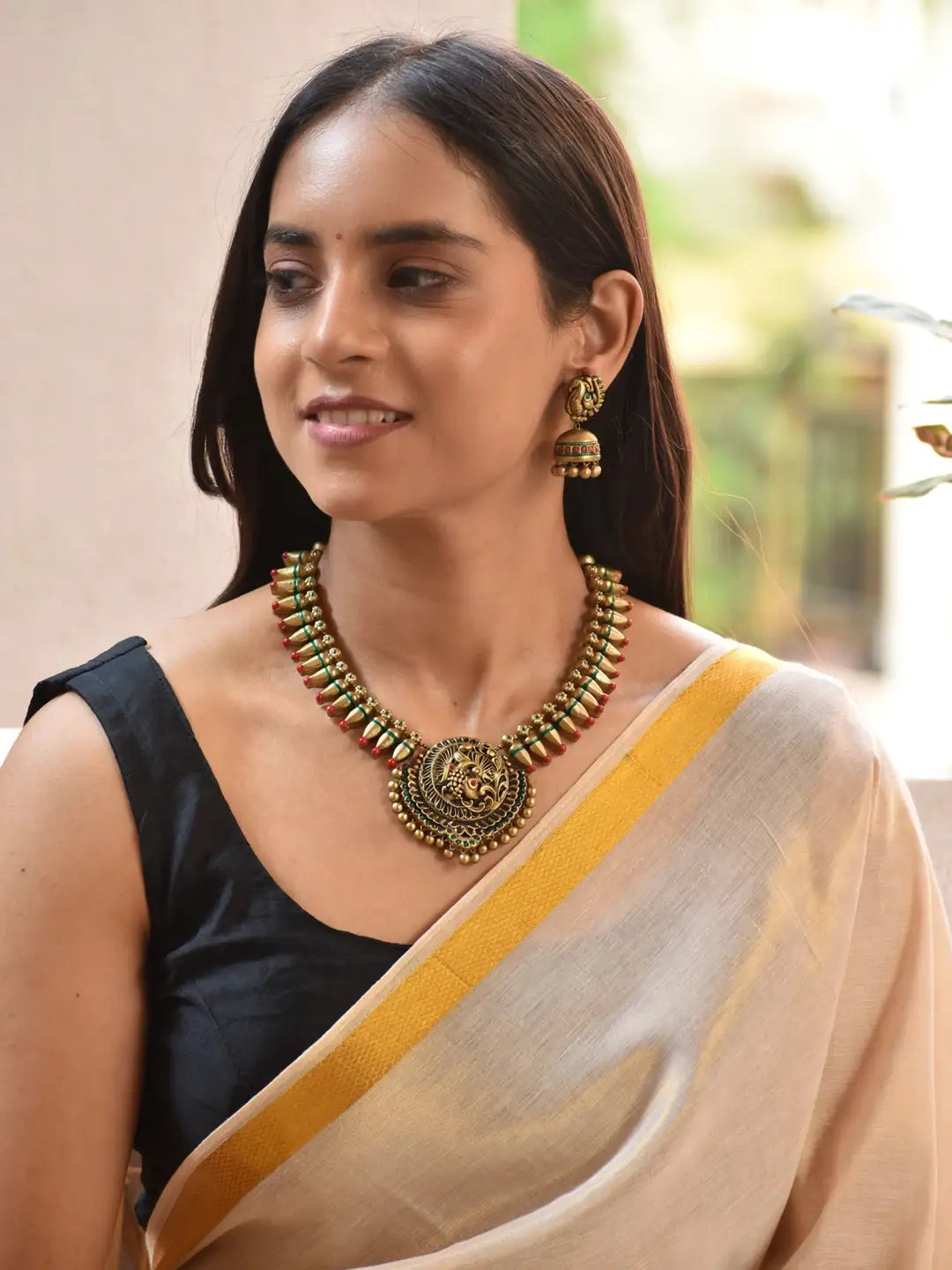 Antique Gold Toned Peacock Design Pendant Red And Green Color Choker Handmade Terracotta Necklace Set
