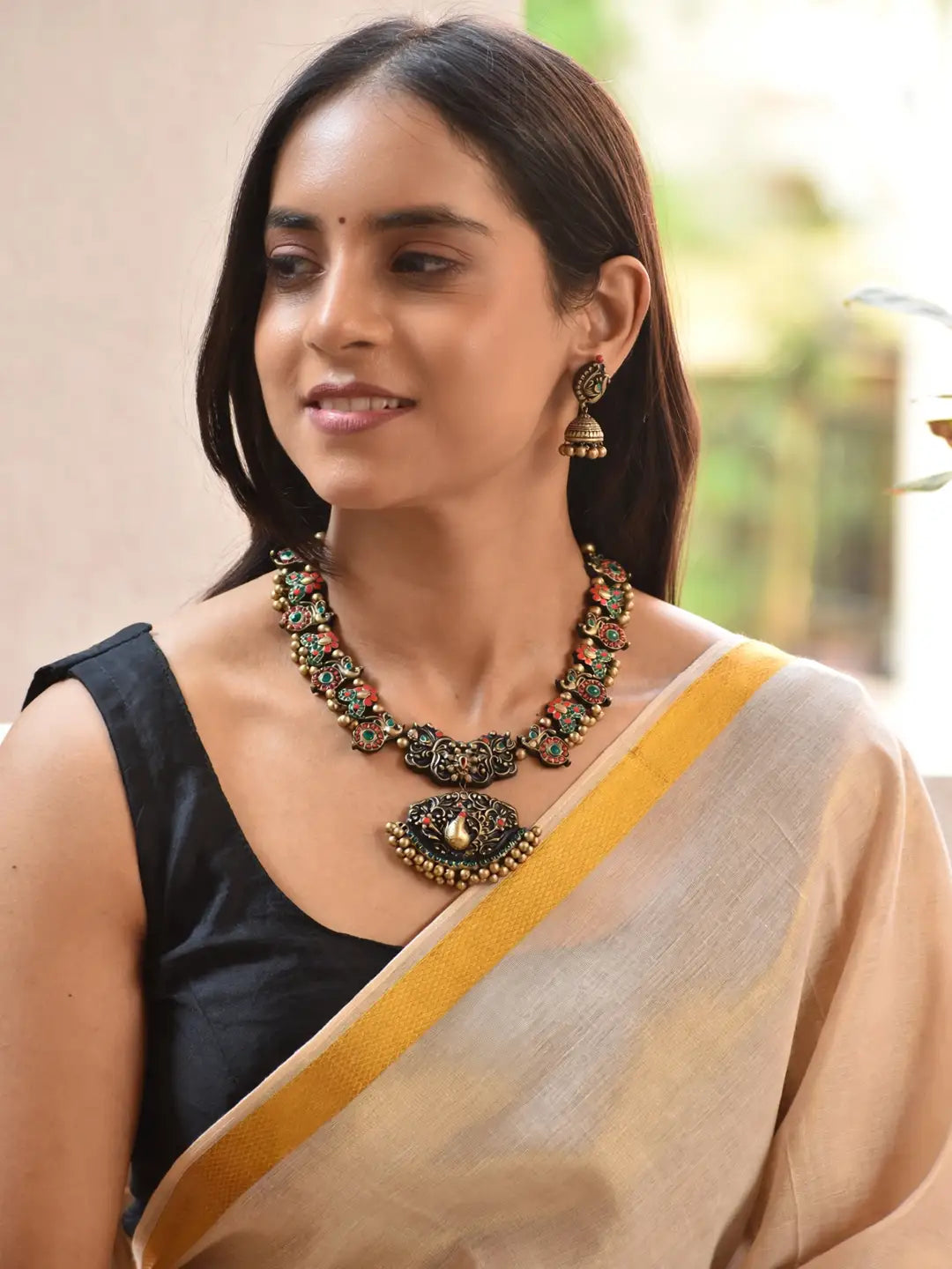 Antique Gold Toned Peacock Design Pendant With Circular Shape Motifs Red And Green Color Choker Handmade Terracotta Necklace Set