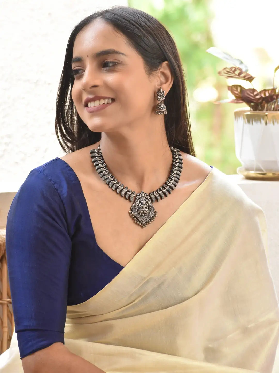 Antique Gold Toned Lakshmi Design Pendant With Peacock Design Motifs Choker Handmade Terracotta Necklace Set