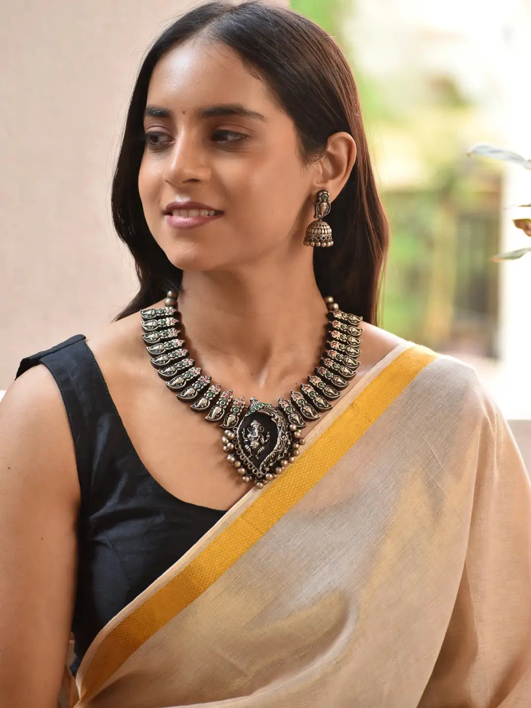 Antique Gold Toned Ganesha Design Pendant With Mango Design Motifs Choker Handmade Terracotta Necklace Set