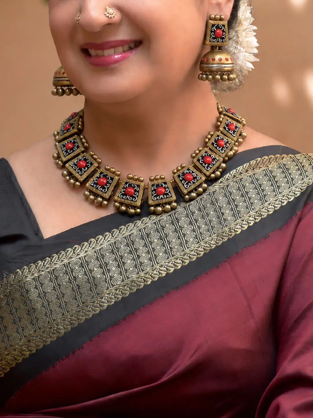 Rekhita — Designer Handmade Antique Gold Geometric Design Choker Handmade Terracotta Necklace Set