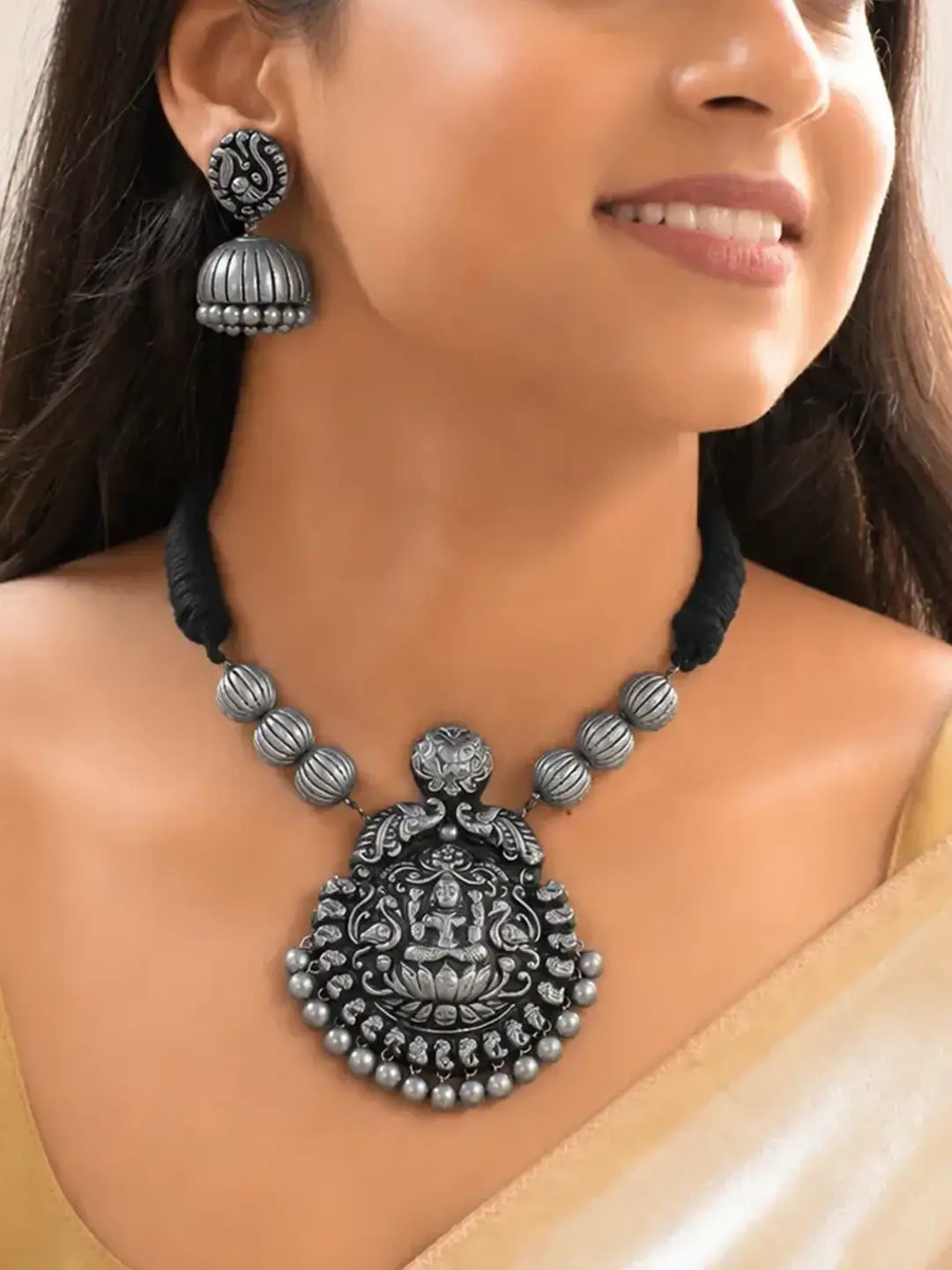 Rajatanmayi — Designer Handmade Antique Silver Color Peacock Design Jhumka Earring With Lakshmi Design Pendant Choker Handmade Terracotta Necklace Set