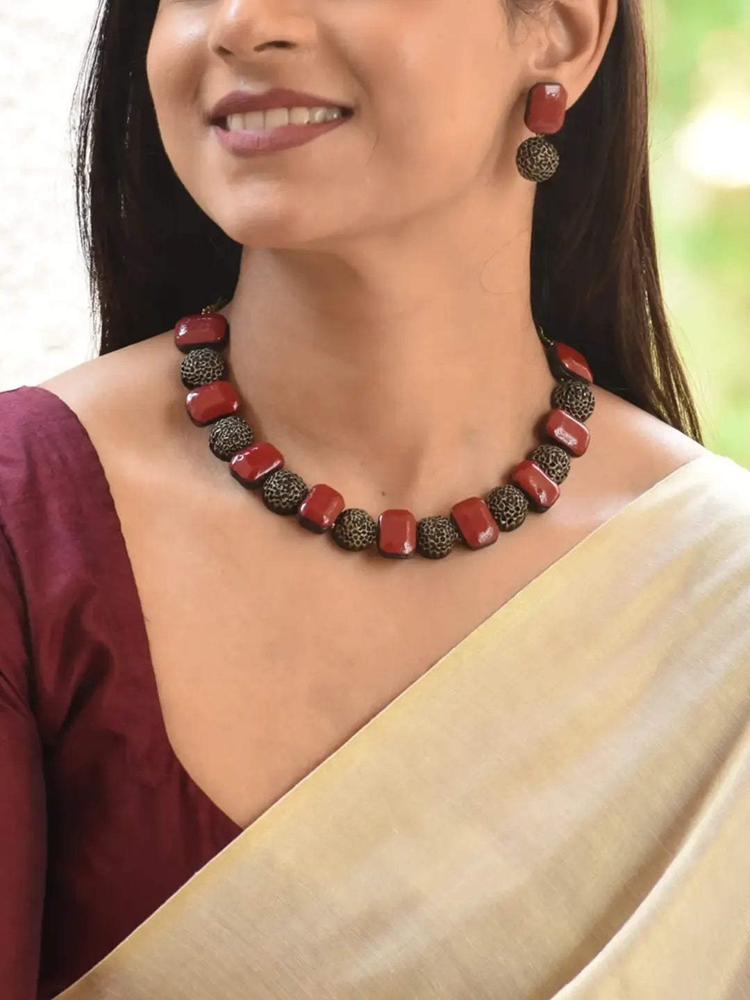 Rectangular Design Hand Engraved Finish Terracotta Jewellery Set