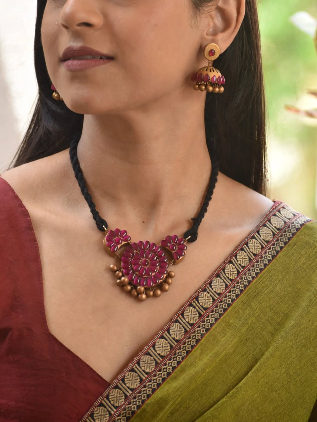 Smritika — Flower Design Hand Painted Terracotta Jewellery Set in Pink Stone Finish