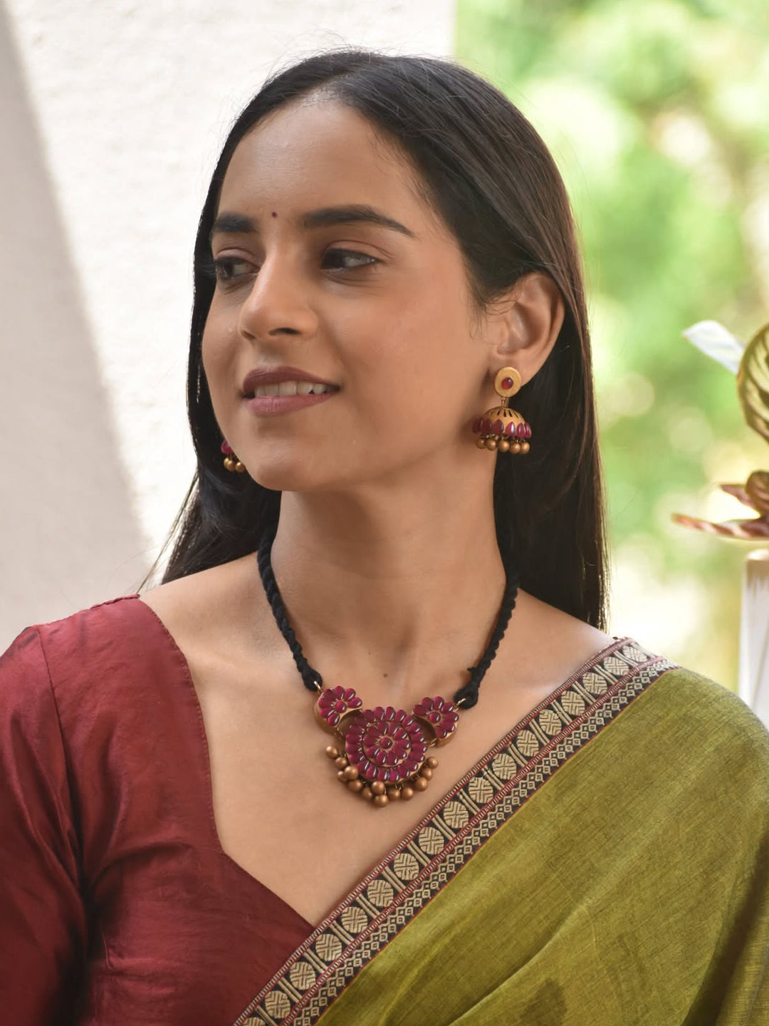 Smritika — Flower Design Hand Painted Terracotta Jewellery Set in Pink Stone Finish