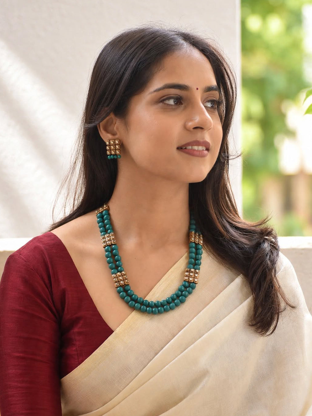 Teal and Gold Two Layered Kundan Stone Rani Haar Handmade Terracotta Necklace Set