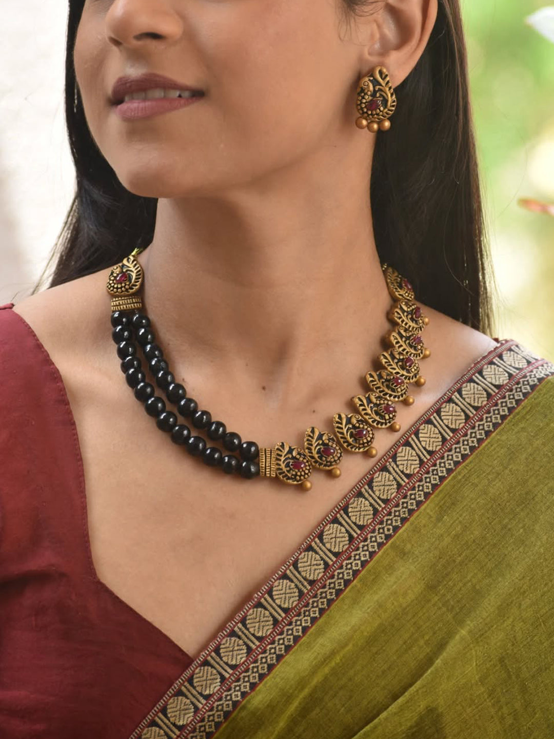 Peacock Design Hand Painted Finish Terracotta Jewellery Set Antique Gold and Pink Stone Finish