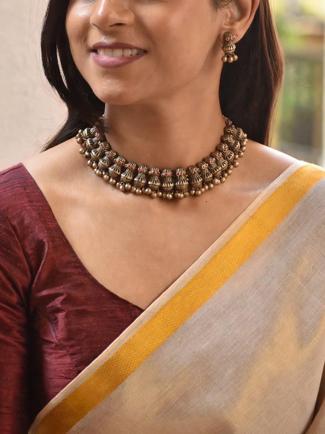 Handcrafted Antique Brass Necklace Set with Matching Earrings – Traditional Tribal Design