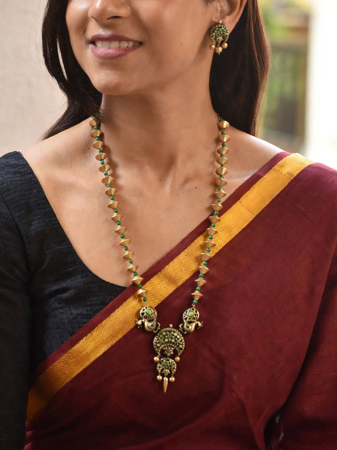 Handcrafted Terracotta Cone Design Peacock Motif Jewellery Set in Green & Antique Gold