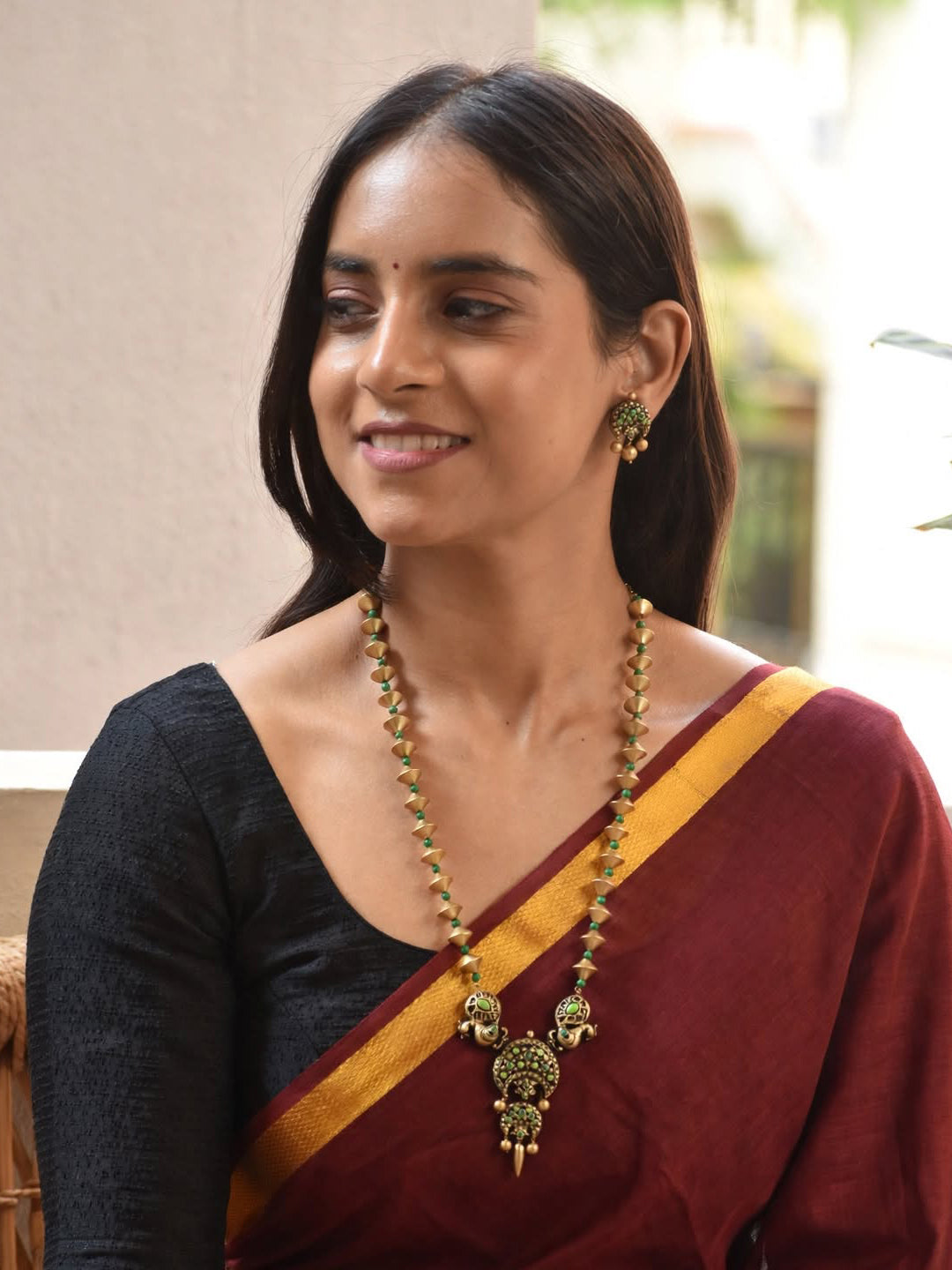 Handcrafted Terracotta Cone Design Peacock Motif Jewellery Set in Green & Antique Gold
