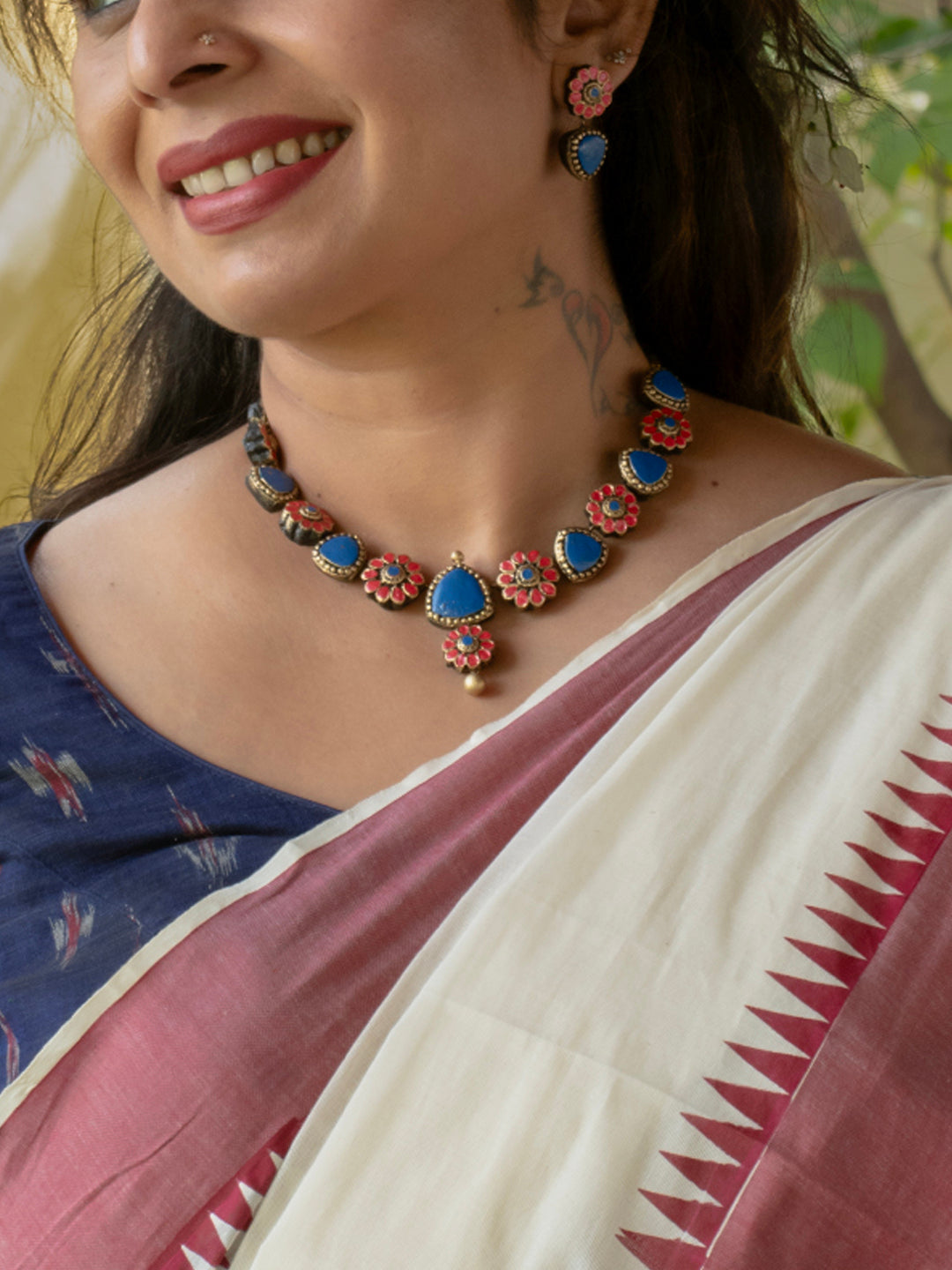 Floral Blue & Coral Handmade Terracotta Necklace Set
