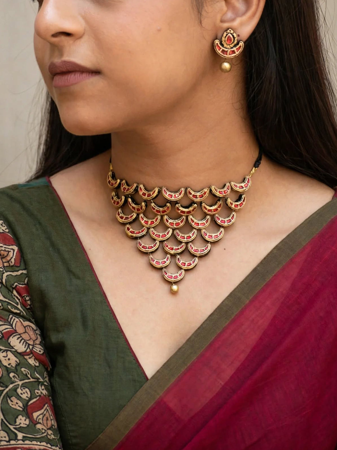 Antique Gold Crescent Motif Red Terracotta Necklace Set