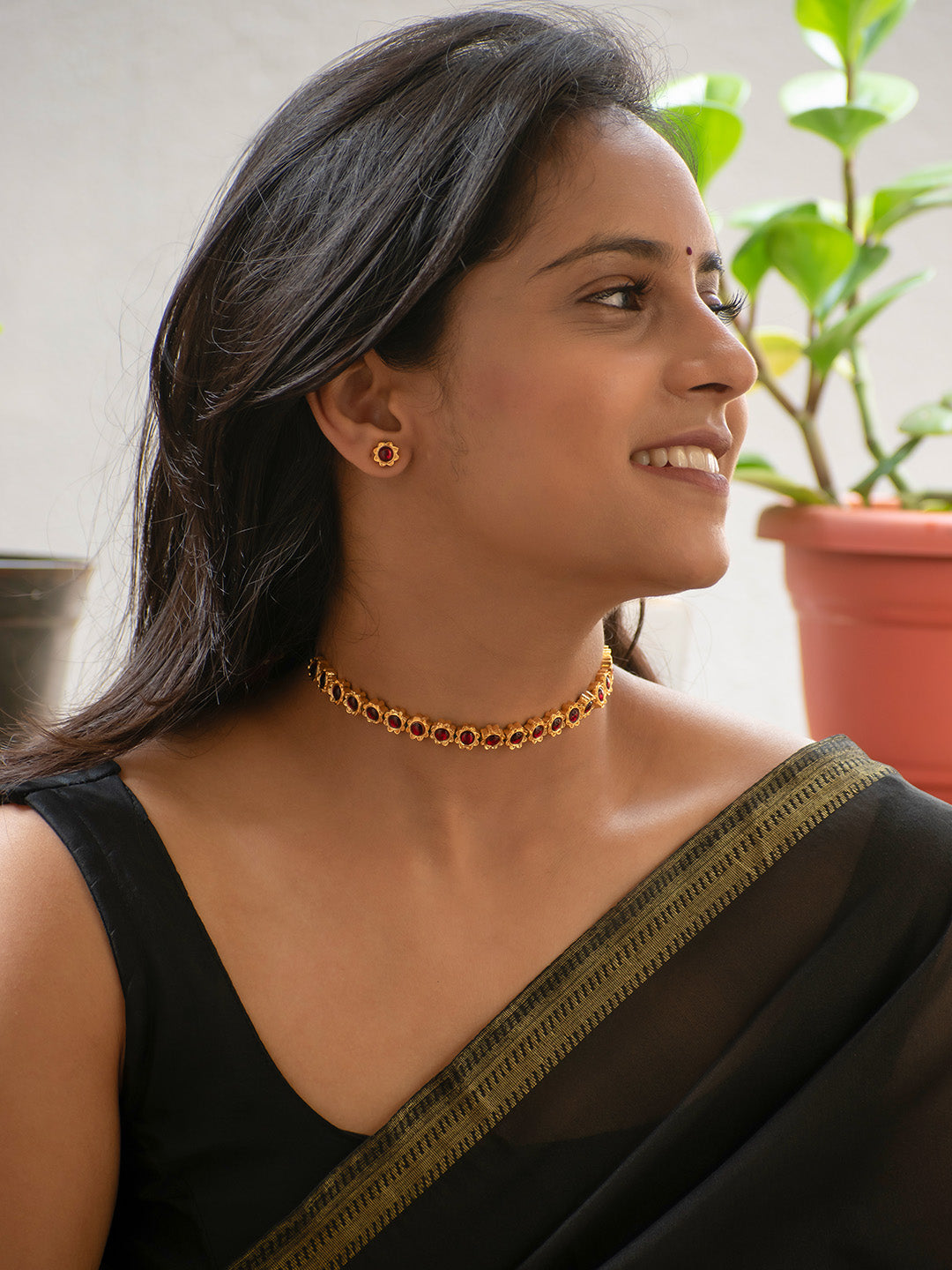 Premium Gold Finish Red Kemp Stones Zari Choker Necklace Set