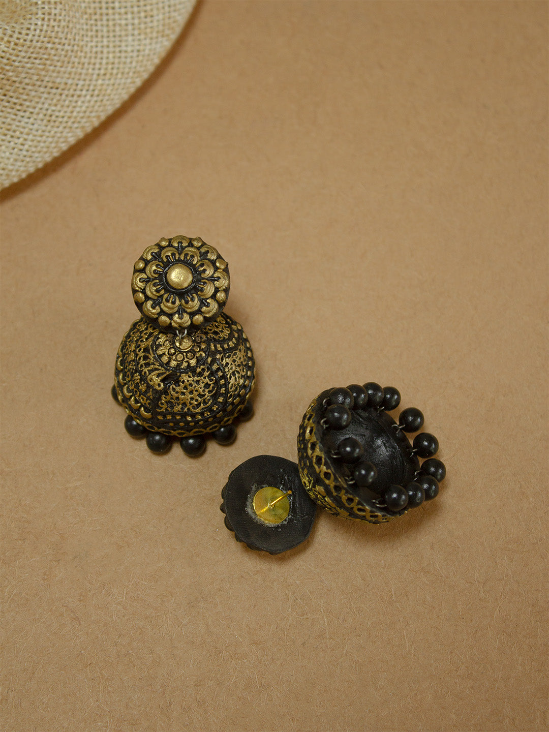 Antique Gold and Black Floral Design Handmade Terracotta Jhumka Earring