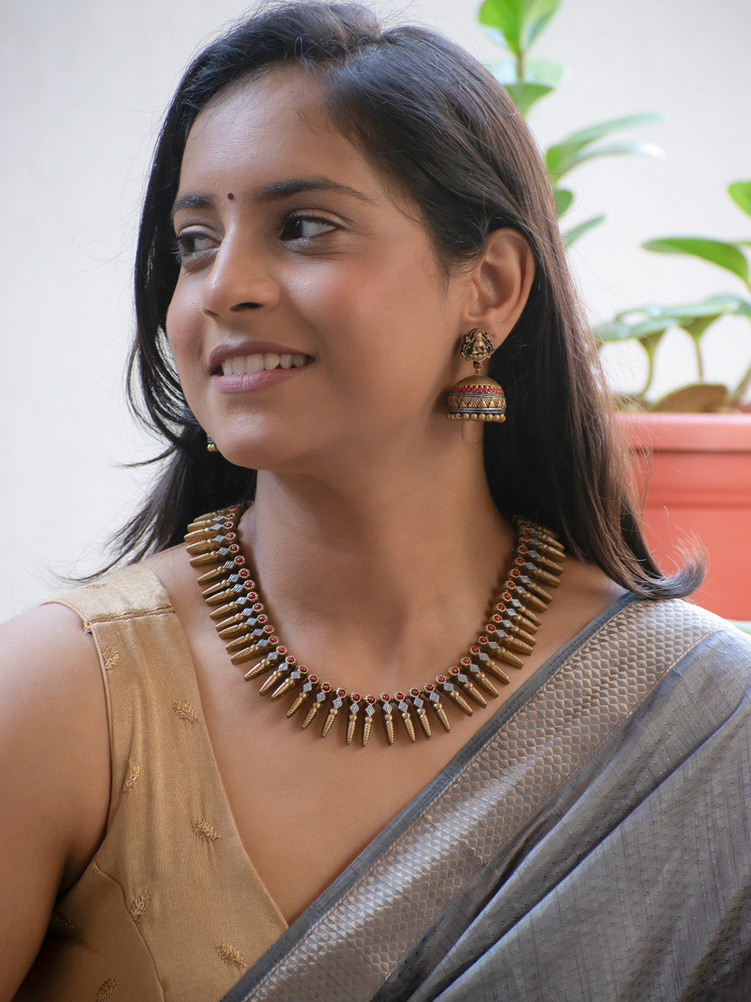 Antique Gold Red and Silver Fringe Lakshmi Design Handmade Terracotta Necklace Set