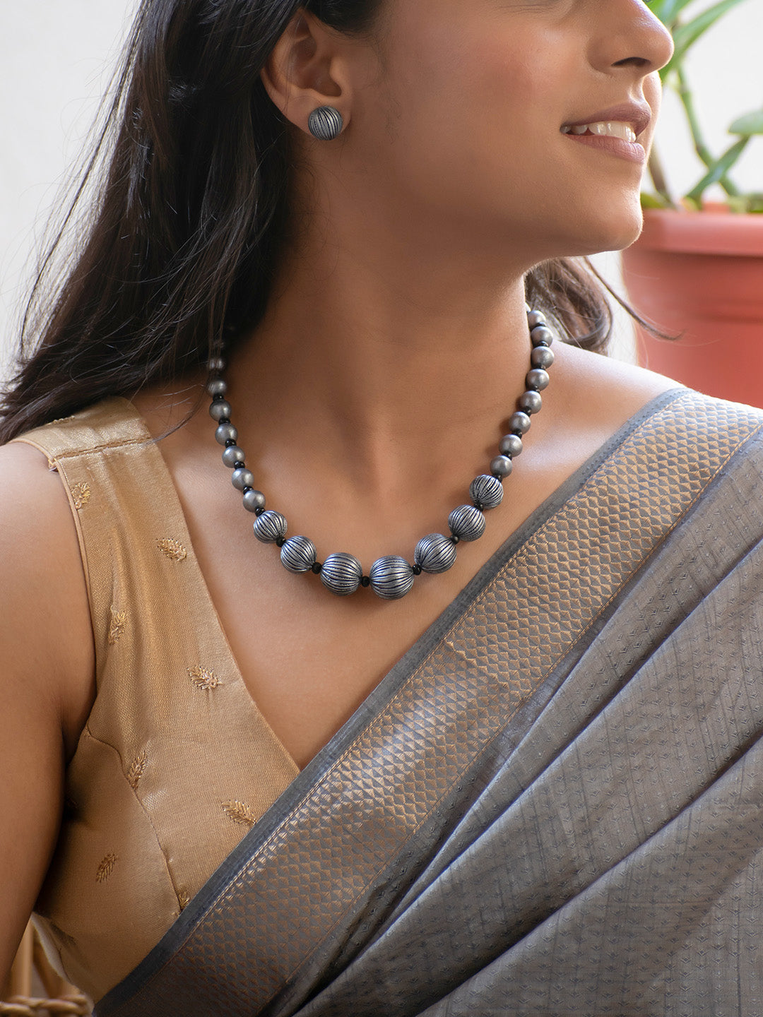 Rajatmani — Antique Silver Beads Handmade Terracotta Necklace Set