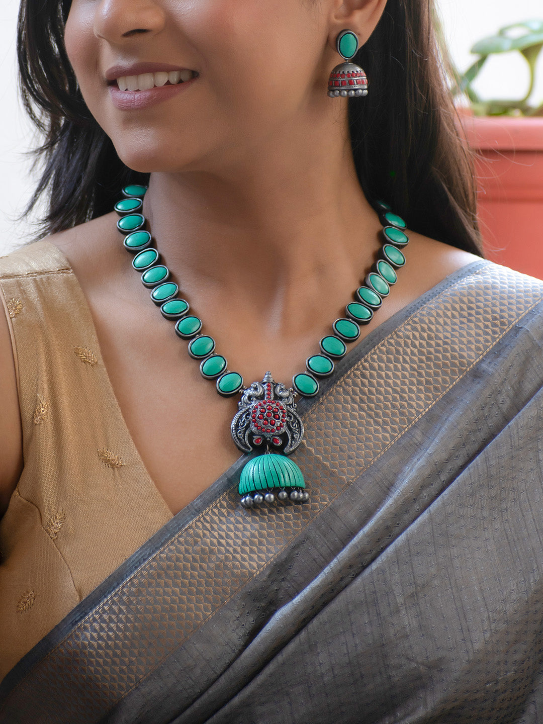 Antique Silver and Pool Blue Peacock Design Handmade Terracotta Necklace Set