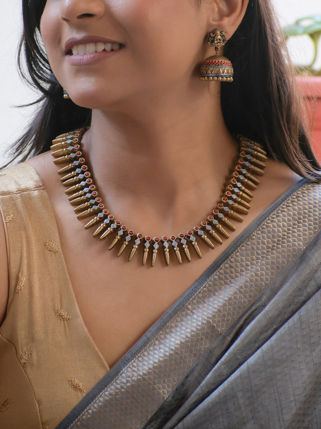 Antique Gold Red and Silver Fringe Lakshmi Design Handmade Terracotta Necklace Set