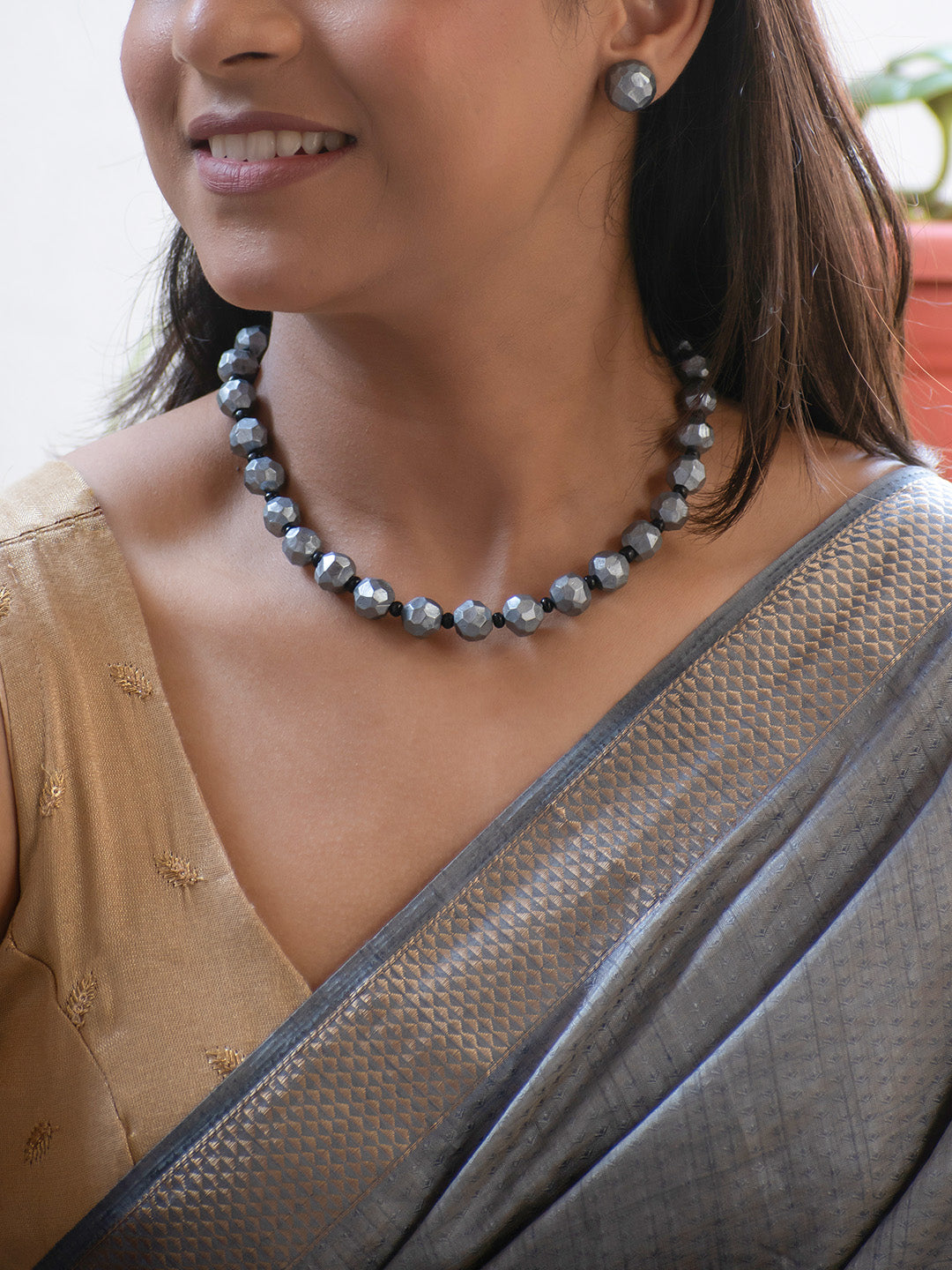 Antique Silver Crystal Beads Handmade Terracotta Necklace Set