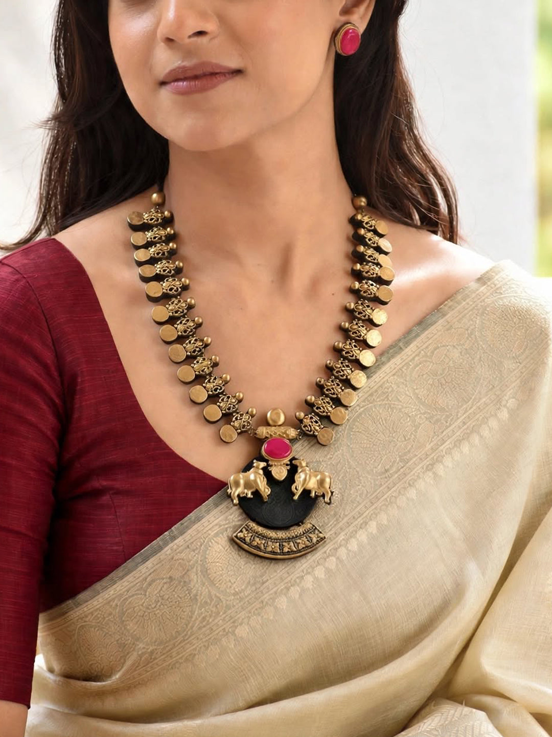Kamadhenu 🐮 – Black & Pink Twin Cow Statement Pendant Necklace Set