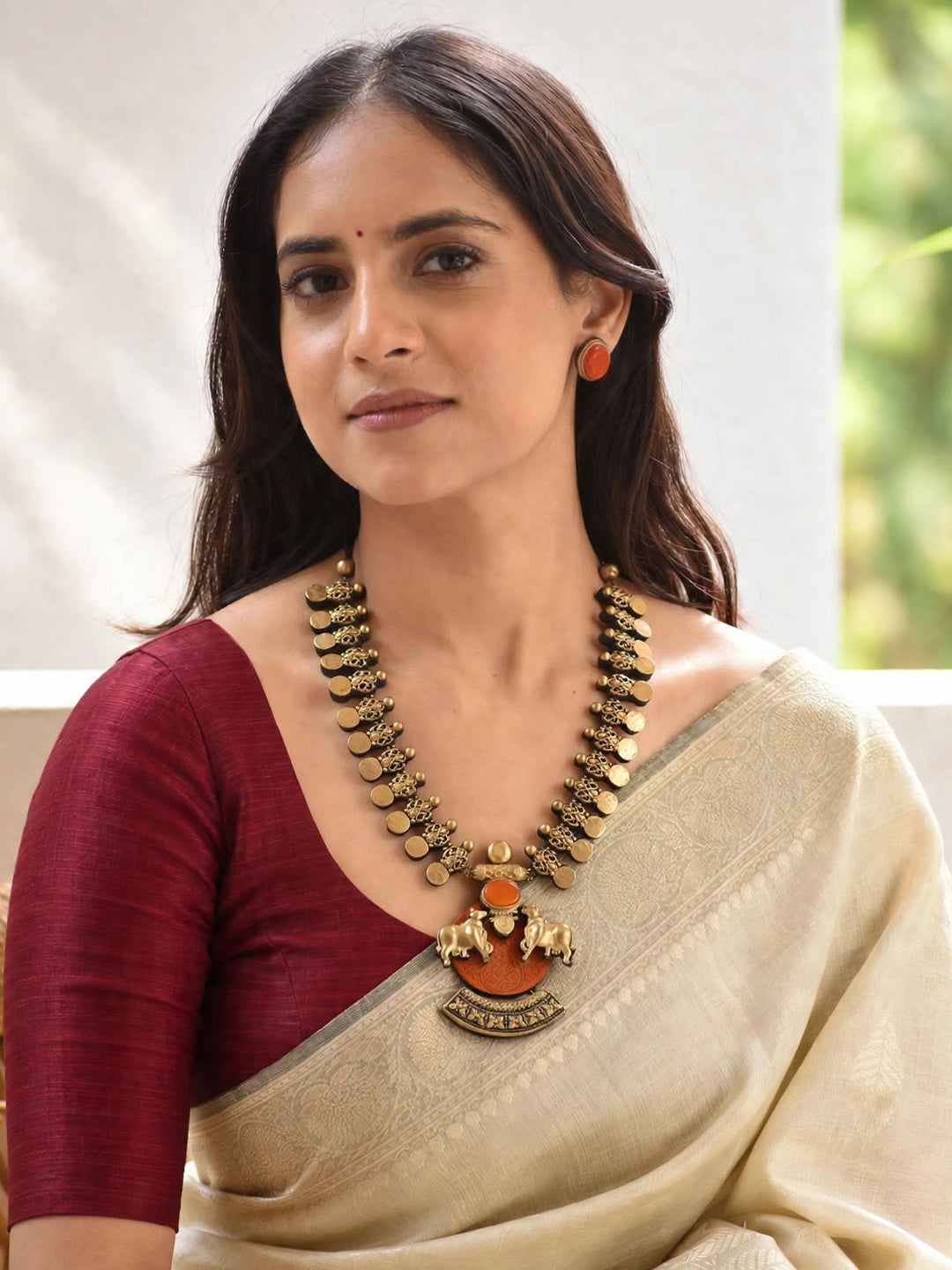 Kamadhenu 🐮 – Gold & Orange Twin Cow Statement Pendant Necklace Set