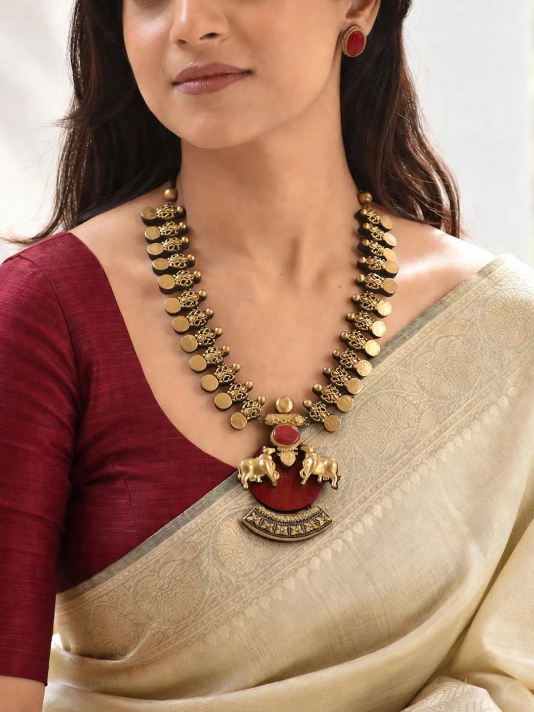 Kamadhenu 🐮 – Gold & Red Twin Cow Statement Pendant Necklace Set