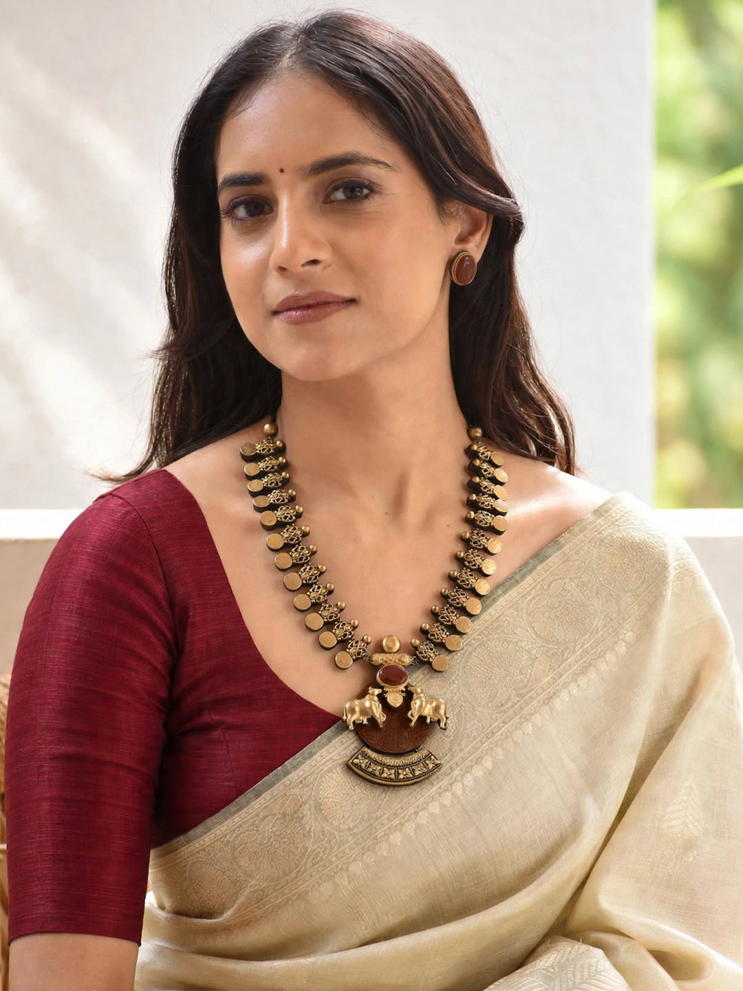 Kamadhenu 🐮 – Gold & Brown Twin Cow Statement Pendant Necklace Set
