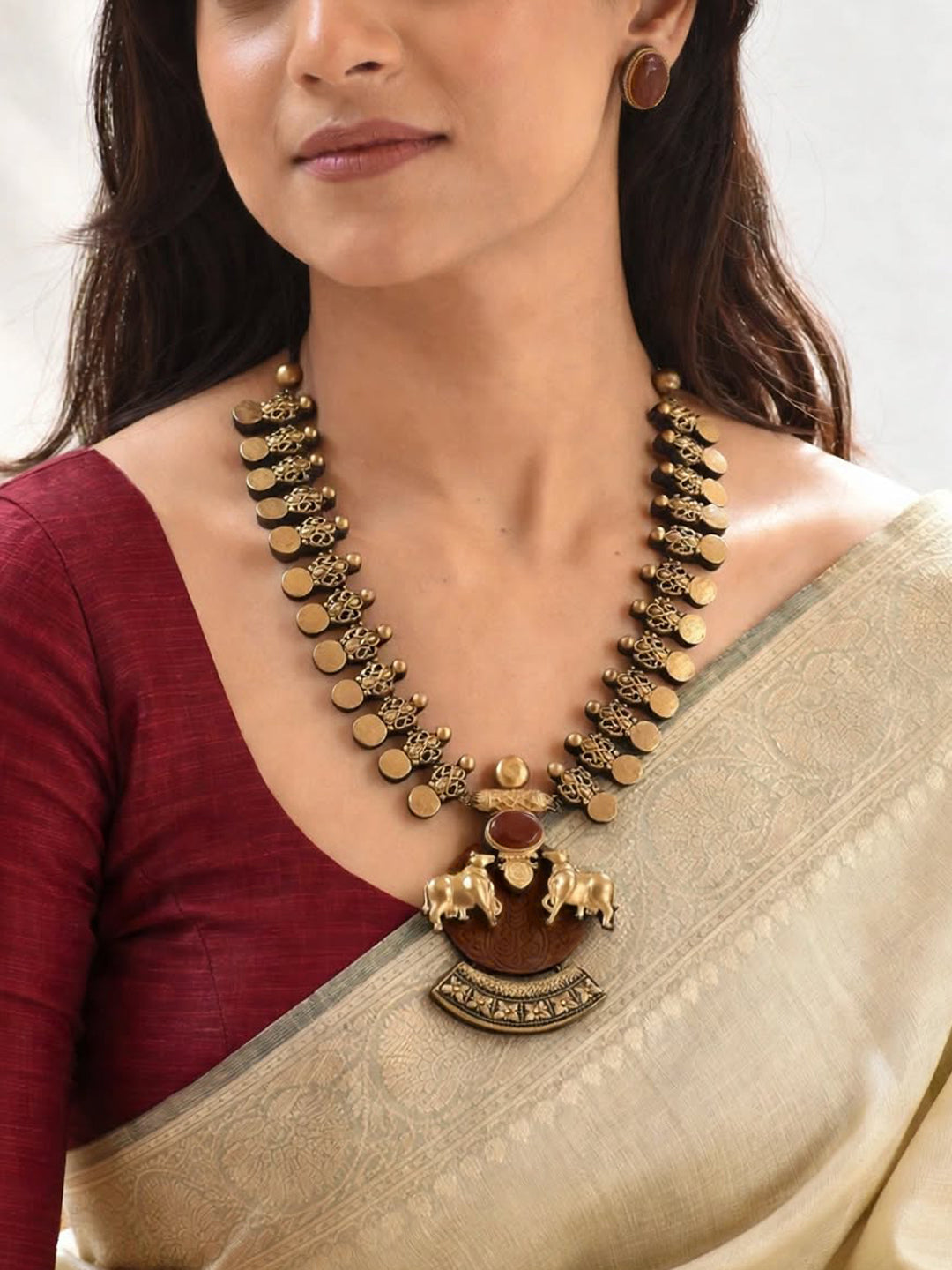 Kamadhenu 🐮 – Gold & Brown Twin Cow Statement Pendant Necklace Set