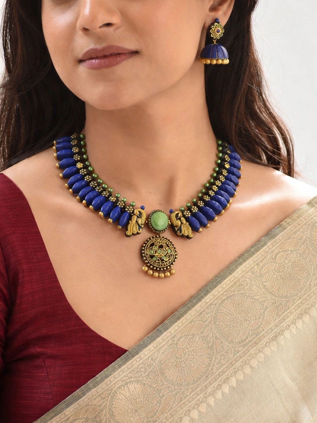 Neelambari – Handmade Royal Blue Peacock Medallion Necklace Set