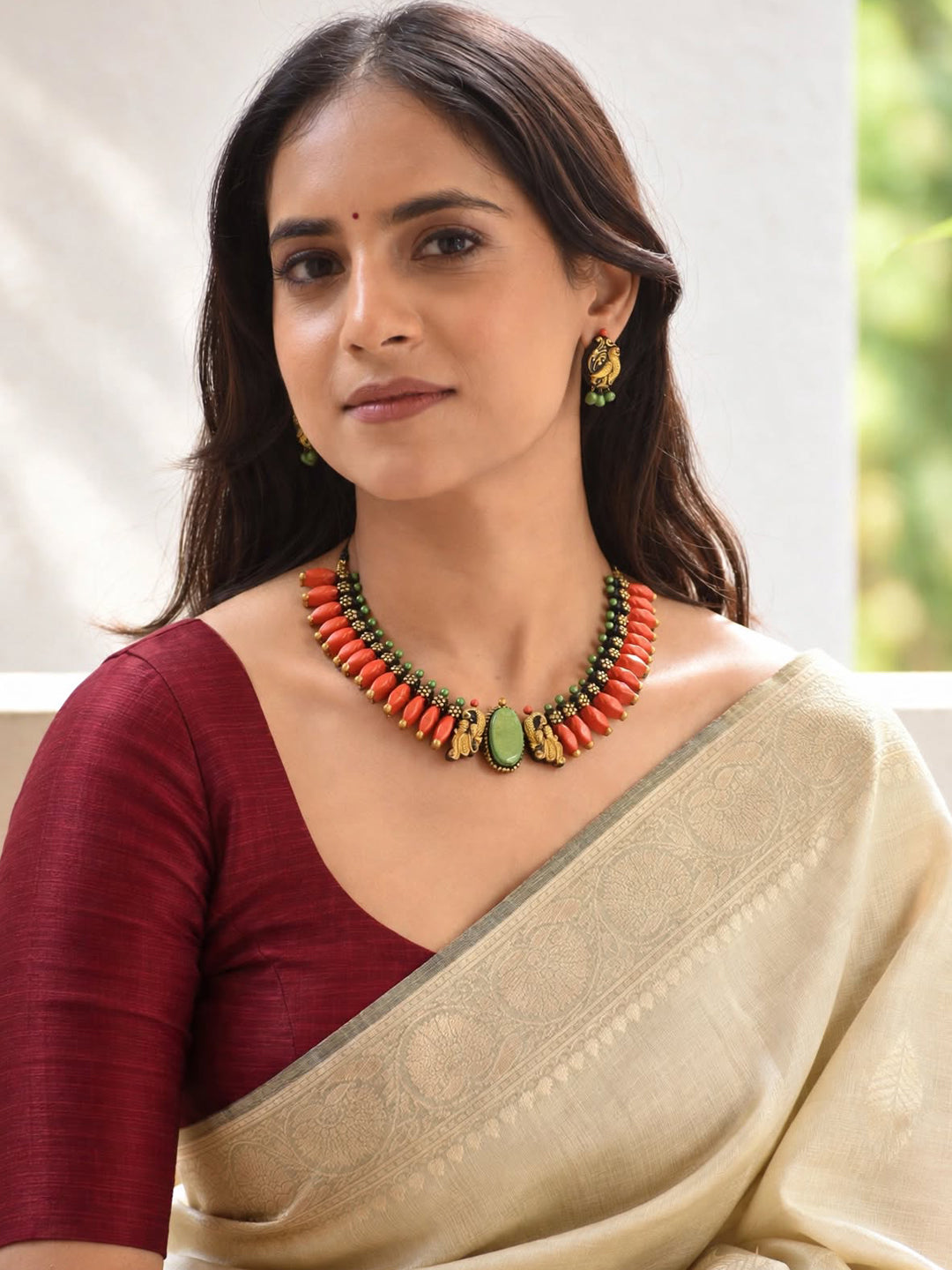 Pallavi – Handmade Coral Orange Peacock Choker Necklace Set