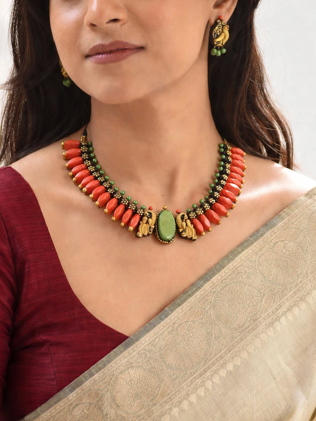 Pallavi – Handmade Coral Orange Peacock Choker Necklace Set