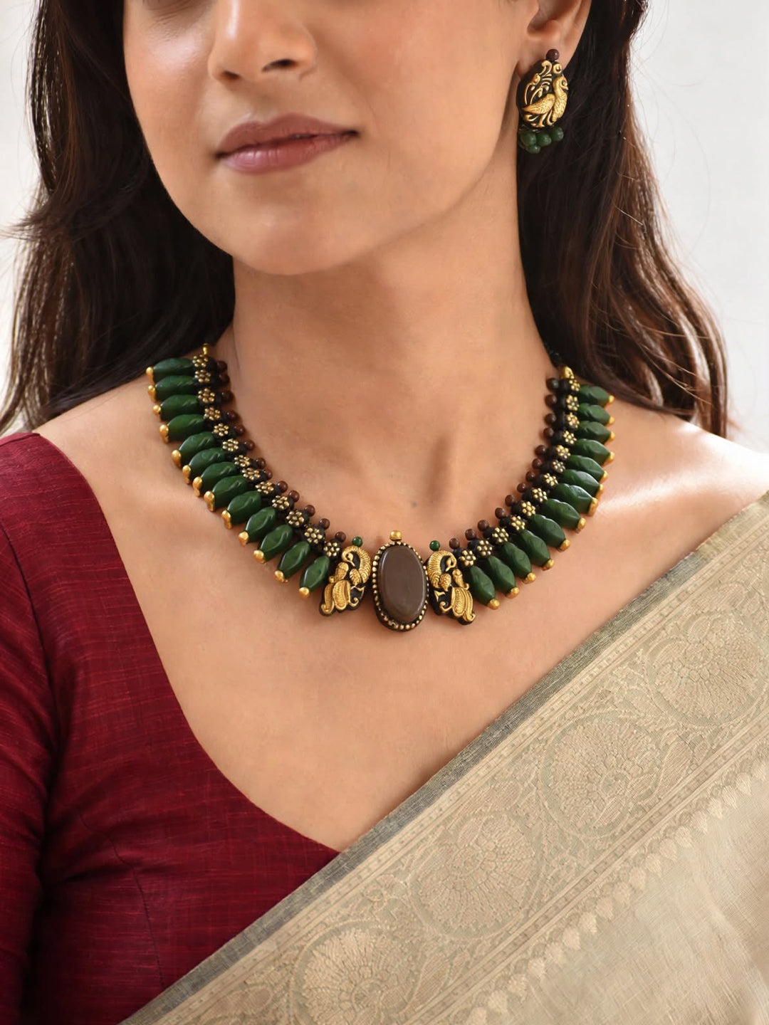 Mayuri – Handmade Dark Green Peacock Choker Necklace Set
