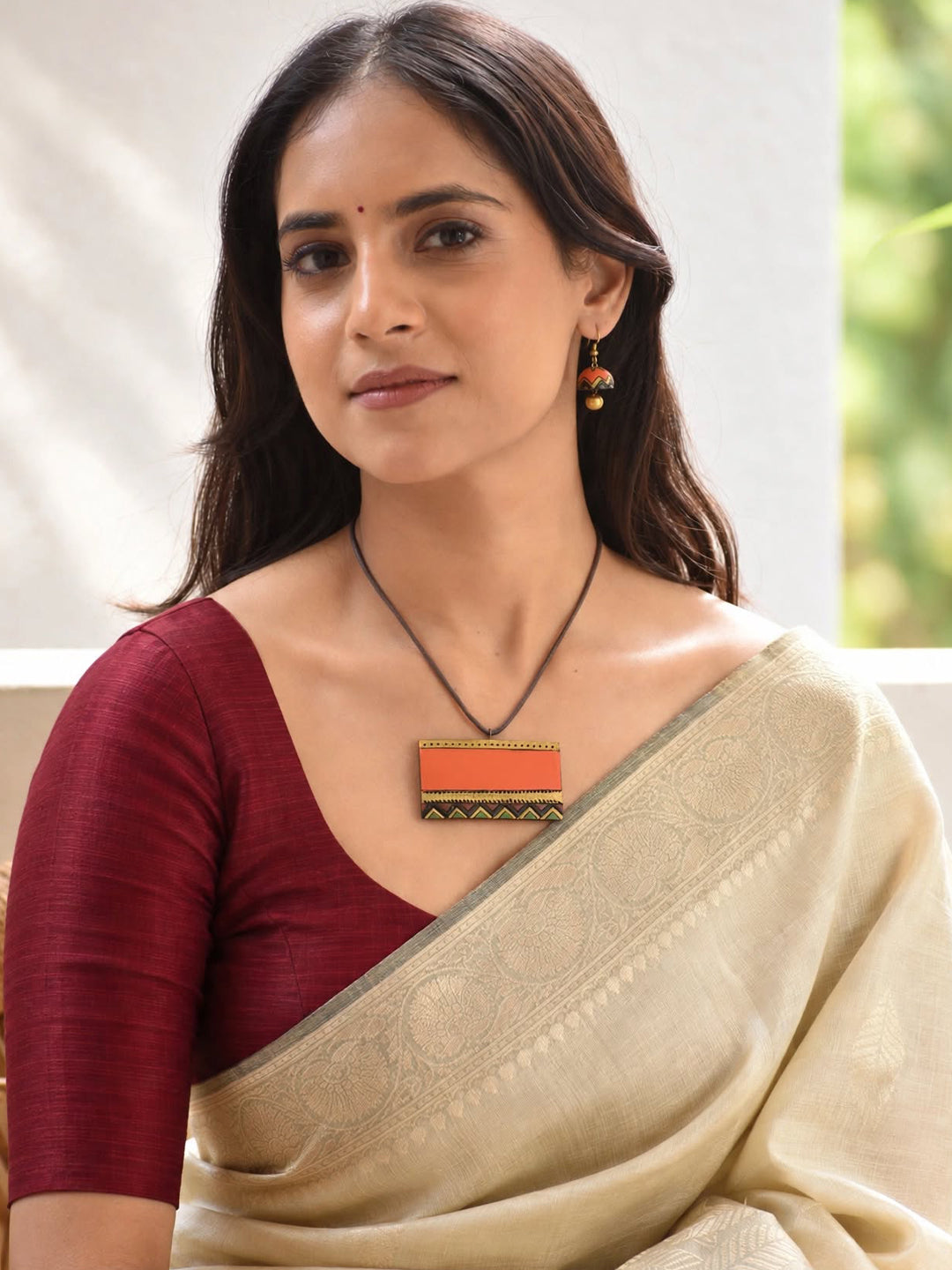 Arunika – Handmade Coral Orange Geometric Pendant Necklace Set