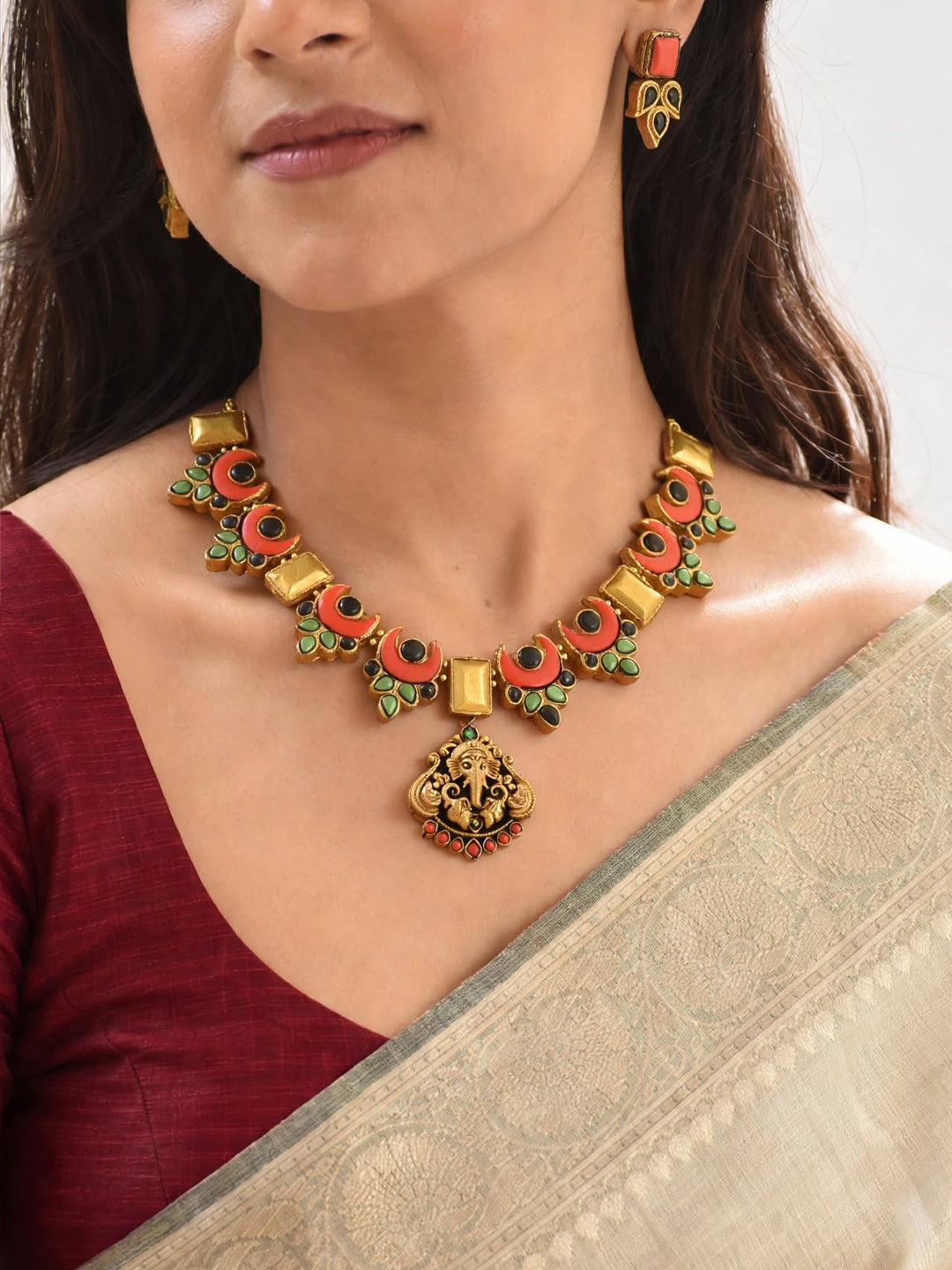 Gajini – Handmade Coral Red Ganesha Pendant Necklace Set