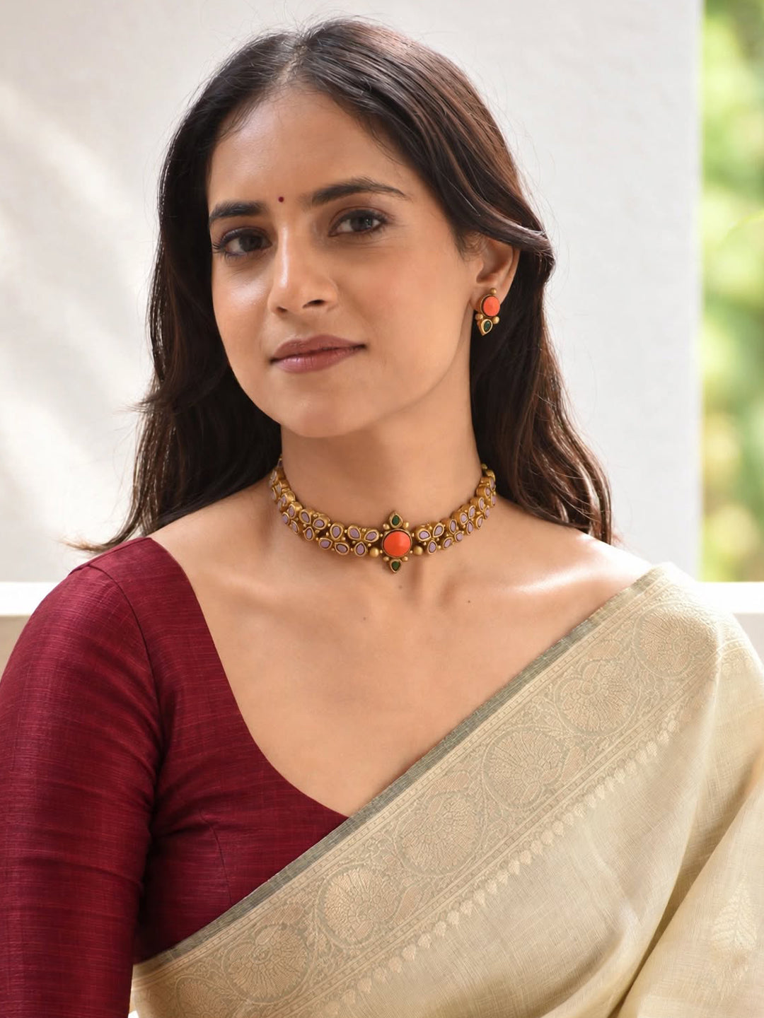 Tarunika – Handmade Coral Orange & Lavender Choker Necklace Set