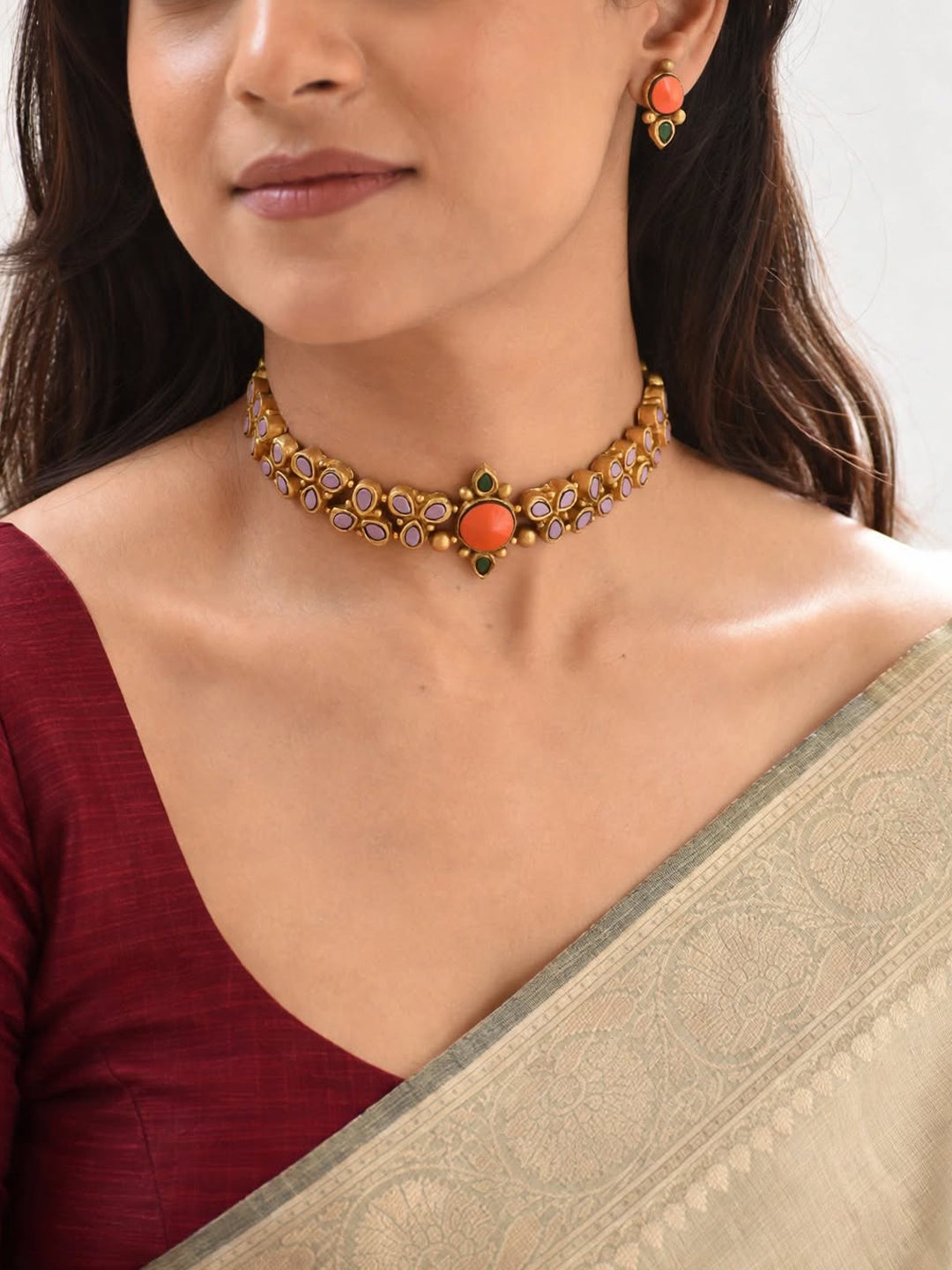 Tarunika – Handmade Coral Orange & Lavender Choker Necklace Set