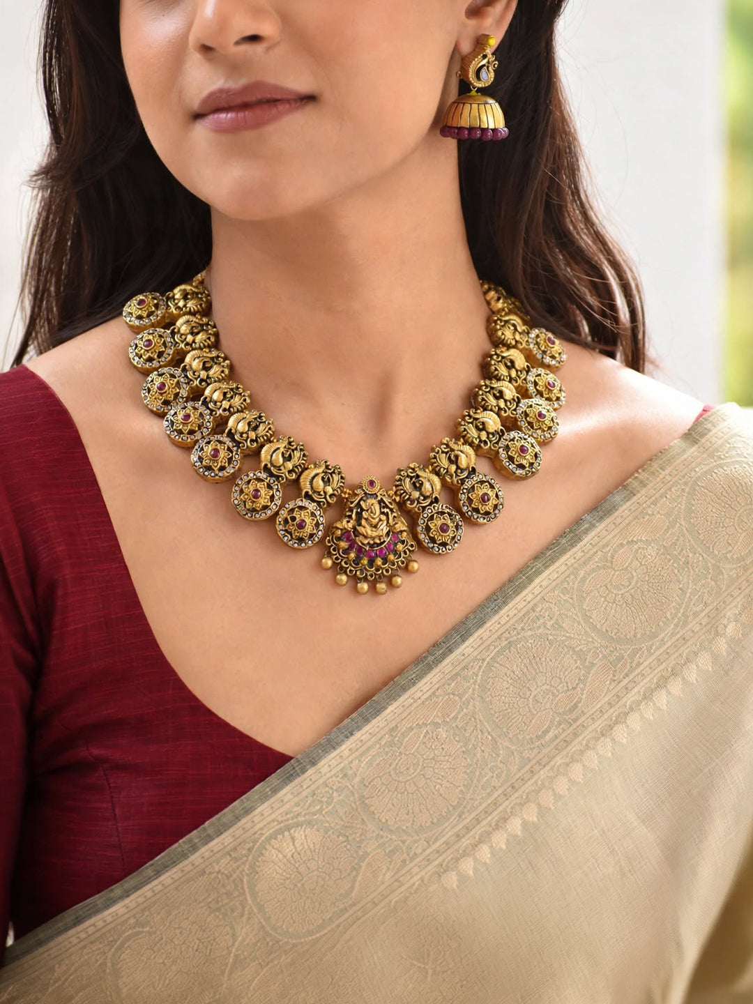 Rajeshwari – Handmade Antique Gold Lakshmi Temple Choker Necklace Set
