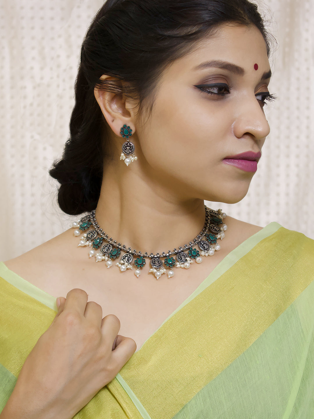 Silver Plated Lakshmi Design Coins Green Color Artificial Stone With Hanging White Pearls Necklace Set For Women